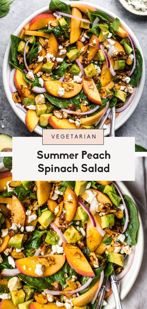 Picnic Salads, Cheese Salad Recipes, Healthy Summer Dinner Recipes, Homemade Balsamic Vinaigrette, Creamy Goat Cheese, Healthy Avocado, Spinach Salad Recipes, Salad With Avocado, Peach Salad