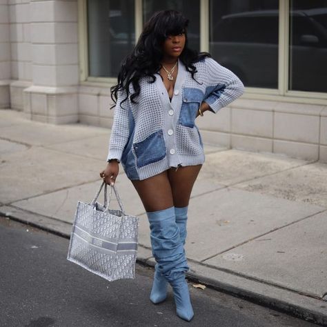 Stafani Milano ⚖️ on Instagram: "Manifest those dreams baby girl…" Plus Size Heels Outfit, Denim Birthday Outfit Black Women, Denim Set Outfit Black Women, Denim Dress And Boots, Denim Thigh High Boots Outfit, Outfits With Denim Boots, Baddie Birthday Outfit Ideas, Denim Outfits Black Women, Denim Boots Outfit Black Women