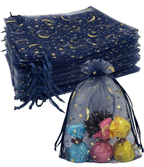 PRICES MAY VARY. ⭐Star & Moon design -- These organza bags 4x6 inch navy blue are printed with moon satr pattern,very beautifu and special. The material is handmade of high quality organza,the drawstring is satin,will be more durable than gold.easy to pull and close even if the kids. 🌙 Package includes: 100 Pieces mesh drawstring gift bags with moon and star print.Size: Approx. 4 x 6 inches (W x L)/10 * 15 cm((L x W)(handmade and manual measurement with ±0.2” error) ⭐Mesh Gift Bags--these draws Astrology Party Favors, Under The Stars Party Ideas, Galaxy Wedding Favors, Starry Night Bridal Shower Theme, Galaxy Bridal Shower Ideas, Celestial Dessert Table, Sun And Moon Theme Party, Space Sweet 16, Star Themed Centerpieces