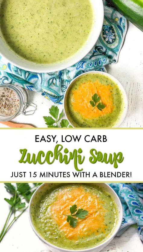 Low Carb Zucchini Soup Recipe - make in under 15 minutes and only 4.8g net carbs. #zucchinisoup #gardenzucchini #lowcarb #keto #Lowcarbsoup Low Carb Zucchini Soup, Keto Zucchini Soup Recipes, Keto Zucchini Soup, Low Carb Zucchini Soup Recipes, Zucchini Soup Keto, Zucchini And Summer Squash Soup, Zucchini Soup Healthy, Paleo Zucchini Soup, Healthy Zucchini Sausage Soup