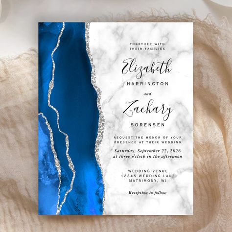 Budget Royal Blue Silver Agate Marble Wedding | Zazzle White Marble Background, Elegant Modern Wedding, Afternoon Wedding, Marble Wedding, Marble Background, Modern Wedding Invitations, Blue Watercolor, Wedding Paper, Silver Glitter