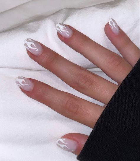 Neutral nails, nail art, hand painted nail designs, flame nails, nail inspiration White French Tip Flame Nails, Flames French Tip Nails, Small Nails White, White Flame Nails Almond, Flames Manicure, White Nails With Flames, White Fire Nail Design, White Flames Nails, Flame Tip Nails