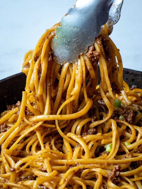 Mongolian Ground Beef Noodles | 12 Tomatoes Mongolian Noodles, Mongolian Beef Noodles, Mongolian Ground Beef Noodles, Ground Beef Noodles, Mongolian Ground Beef, Beef Noodles, Gluten Free Noodles, Mongolian Beef, Beef And Noodles