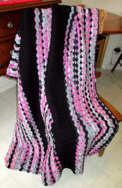 Pink and Black stripe afghan Pink And Black Crochet, Red Black Crochet Blanket, Pink And Grey Crochet Blanket, Pink And Black Crochet Blanket, Crochet Skull With Pink Blankets, Goth Kawaii, New Project Ideas, Crochet Decor, Kawaii Goth