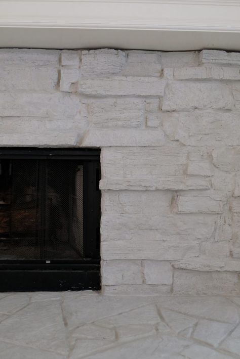 Lime Washed Stone Fireplace, Lime Wash Stone Fireplace, Limewash Stone Fireplace, Easy Fireplace, Lime Wash Paint, Painted Stone Fireplace, Tan Tile, Sandstone Fireplace, Paint Guide