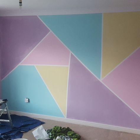 Finished pattern for feature wall using masking tape, really pleased 😊 Masking Tape Wall Paint, Pink Wall Painting, Geometric Wall Paint Patterns, Geometric Feature Wall, Bedroom Wall Painting Ideas, Masking Tape Wall, Bedroom Wall Painting, Pink Painted Walls, Girls Bedroom Paint