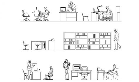 Office section, furniture, people blocks and interior details dwg file Section Furniture Architecture, Office Section Architecture, Cafe Bookstore, Hanging Lamp Design, Drawing Furniture, Furniture Sketch, Section Drawing, Office People, Bookstore Cafe