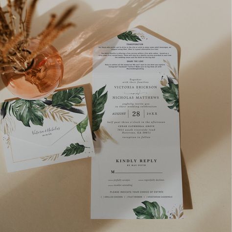 Tropical Greenery | All in One Wedding Invite Gold Green Wedding, Popular Wedding Invitations, Wedding Announcement Cards, Classy Wedding Invitations, Traditional Invitation, Tropical Greenery, Rustic Boho Wedding, Green Wedding Invitations, Wedding Invitations Boho