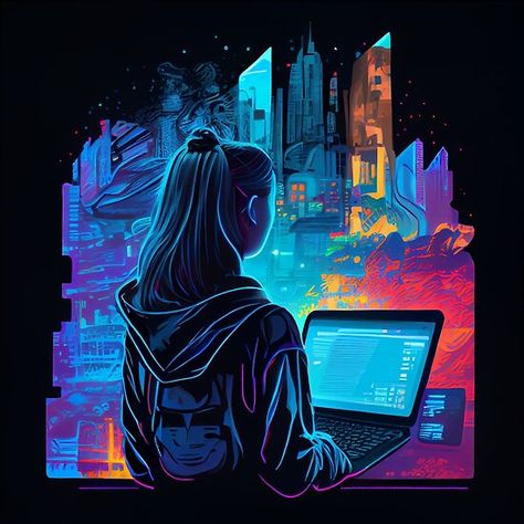 "Hacker Girl in the City of Light" Hacker Girl Aesthetic, Coding Aesthetic Girl, Programmer Girl Aesthetic, Tech Girl Aesthetic, Programmer Wallpaper, Woman In Tech, Programmer Girl, Coder Girl, Hacker Art