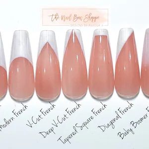 Type Of French Nails, French Tip Base Color Chart, Type Of French Tip Nails, French Nails Variations, Different Types Of French Nails, Different Types Of French Tips, Deep V Cut French Tip Nails, Deep V French Tip Nails, Types Of French Tips Nails