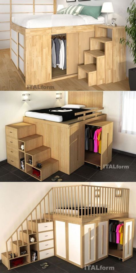 Impero Space Saving High Beds from ITALform Design #furnituredesigns Small Apartment Ideas Space Saving, Diy Space Saving, Space Saving Bedroom, Small Room Design Bedroom, Diy Space, High Beds, Small Room Design, Bed With Drawers, Bedroom Furniture Design