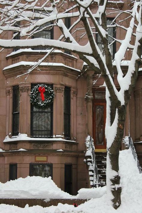 . Nyc Brownstone, Christmas In The City, Snow Covered Trees, Brown Stone, Snow Scenes, Snowy Day, Winter Wonder, Deck The Halls, Christmas Joy