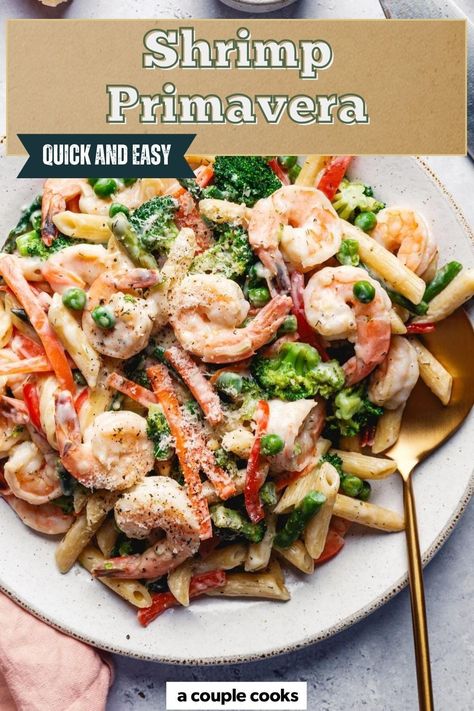 This shrimp primavera is packed with fresh veggies and juicy shrimp, all tossed in a light and delicious sauce! Ready in 30 minutes, it’s a fun and flavorful weeknight dinner idea. Pasta Primavera With Shrimp, Shrimp Primavera, Shrimp Pasta Primavera, Vegan Brunch Recipes, Best Fish Recipes, Winter Salad Recipes, A Couple Cooks, Irish Dishes, Vegan Recipes Plant Based