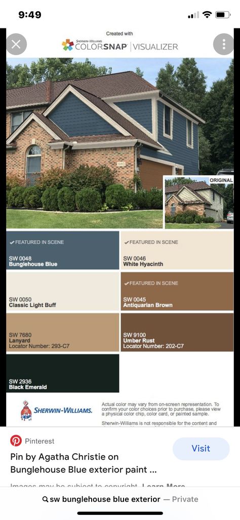 Brown And Blue House Exterior, Blue House Brown Trim, Blue House Brown Roof, Bunglehouse Blue Sherwin Williams, Brown Exterior House Colors, Bunglehouse Blue, Home Exterior Colors Combinations, Brown House Exterior, Church Exterior