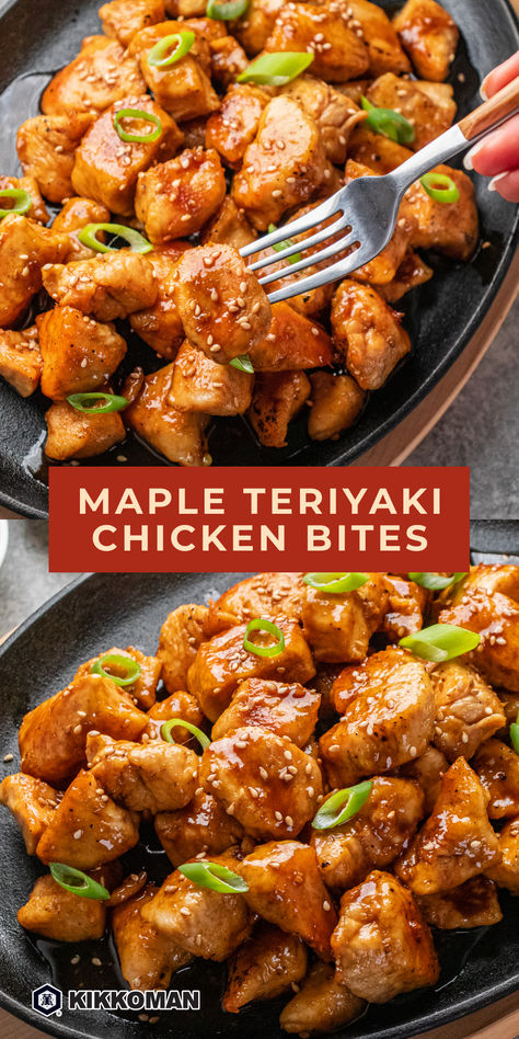 Sweet, savory, and ready in just 20 minutes, these Maple Teriyaki Chicken Bites are perfect for a quick and flavorful meal! Made with Kikkoman® Teriyaki Marinade & Sauce and a touch of pure maple syrup, these bite-sized pieces are topped with sesame seeds and green onions for a delicious finish. Chicken With Maple Syrup, Pure Maple Syrup Recipes, Maple Glazed Chicken Bites, Downshiftology Recipes Chicken, 20 Minute Meals Dinner Ideas, Maple Syrup Recipes Dinner, Air Fryer Meals For Two, Quick Easy Dinners For Family, Easy Asian Chicken Recipes