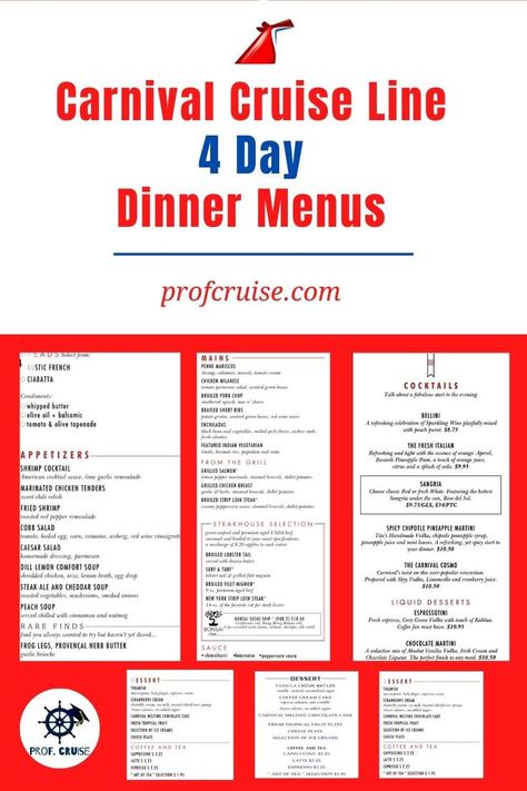 Four menus with text that reads: Carnival Cruise Line 4 Day Dinner Menus. Carnival Conquest Cruise Ship, Carnival Liberty Cruise Bahamas, Carnival Cruise Menu 2023, Carnival Liberty Cruise Ship, Carnival Conquest Cruise, Cruise Photography Ideas, Carnival Valor Cruise, Carnival Cruise Food, Cruise Recipes