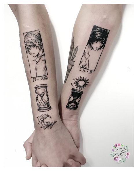 Matching Couple Tattoos Anime, Light Yagami Tattoo Ideas, L Lawliet Tattoo, Anime Couple Tattoo Ideas, Deathnote Tattoo Ideas, Light Yagami Tattoo, Couple Tattoos Anime, Impulsive Tattoos, Tats Aesthetic