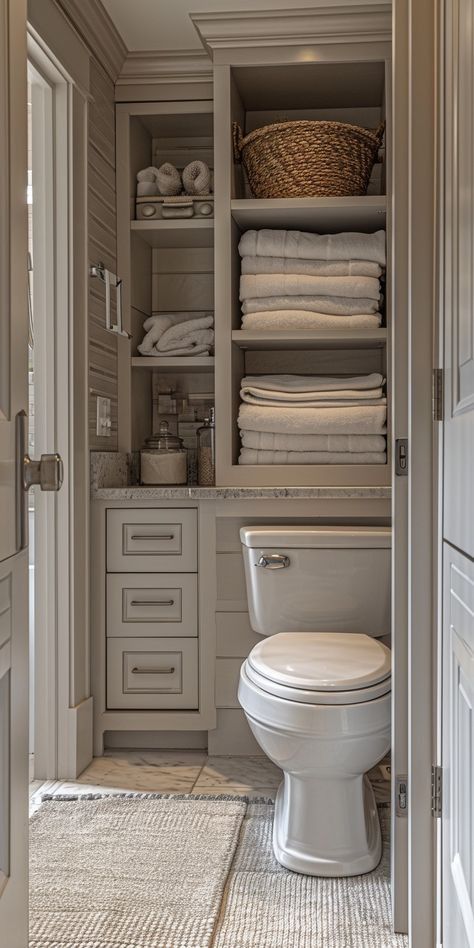 Bathroom Closet Organization Ideas, Hidden Shelves, Over Toilet Storage, Bathroom Closet Organization, Bathroom Storage Hacks, Closet Organization Ideas, Bathroom Storage Solutions, Bathroom Closet, Bathroom Remodel Designs