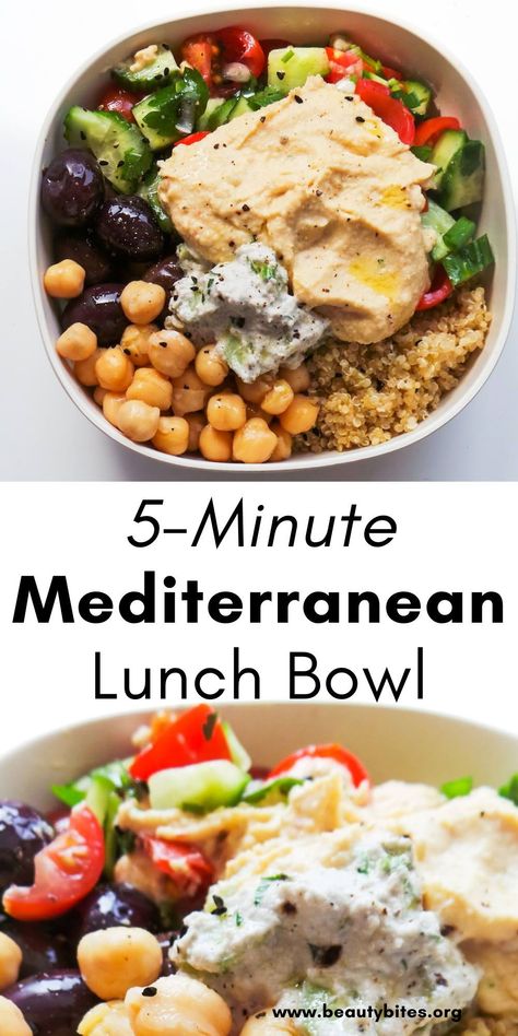 5-Minute Mediterranean Bowl! This is a quick and easy clean eating Mediterranean lunch recipe that you can assemble in 5 minutes. This delicious Mediterranean diet recipe is easy to meal prep, vegan and gluten-free! Metatrainan Recipes, Mediterranean Diet Rice Recipes, Cheap Easy Mediterranean Meals, Medditeranean Diet Lunch Ideas, Vegan Medditeranean Food Recipes, Meditterean Diet Recipes Lunch, Mediterranean Meal Prep Lunches, Simple Mediterranean Meals, Mederteranian Meals