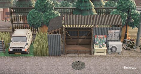 Acnh Rural Entrance, Acnh Shino Yard, Acnh Entrance Designs, Animal Crossing Entrance, Acnh Entrance, Cottagecore Animal Crossing, Urban Island, Waiting For The Bus, Japanese Town