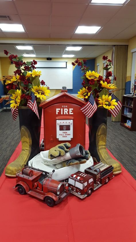 Firefighter Retirement Party Centerpieces, Firefighter Centerpiece Ideas, Fire Centerpieces, Firefighter Retirement Party Ideas, Firefighter Decorations, Firefighter Wedding Photos, Fire Department Christmas, Retirement Party Centerpieces, Fireman Decor