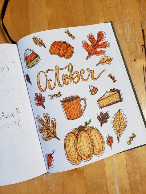 October Book Journal Spread, October Journal Cover Page, October Design Ideas, October Journaling Ideas, October Reading Journal Spread, October Notebook Ideas, October Journal Ideas Easy, Halloween Notebook Ideas, October Reading Journal