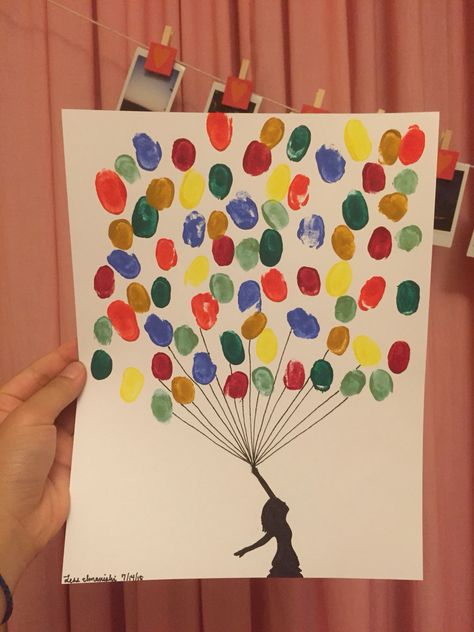 A silhouette of a girl holding finger-painted balloons. Finger Painting Ideas For Adults, Fingerprint Balloons, Girl Holding Balloons, Baloon Art, School Auction Art Projects, How To Draw Fingers, Dot Day, Balloon Crafts, Quick And Easy Crafts