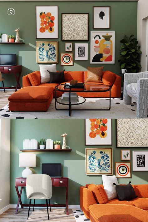 Orange Sofa Wall Color, Ochre Color Palette Living Rooms, Orange And Sage Living Room, Green And Orange Dining Room, Bright Walls Living Room, Green Orange Color Palette Living Room, Orange Couch Green Walls, Orange Sofa Green Wall, Sage Green Interior Design Living Room