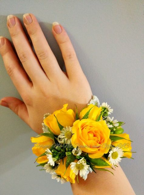 Yellow Prom Corsage, Purple And Yellow Corsage, Yellow Corsage And Boutonniere, Yellow Rose Corsage, Gold Corsage Prom, Yellow Corsage, Prom Yellow, White Aster, Wedding Wristlets