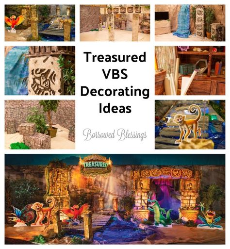 Treasured VBS: Decorating Ideas « Borrowed BlessingsBorrowed Blessings Treasured Vbs 2021 Decorations, Vbs Treasure Theme, Vacation Bible School Games, Vbs Decorating Ideas, Treasured Vbs, Church Pew Decorations, Bible Themes, Small Wooden Crates, Diy Waterfall