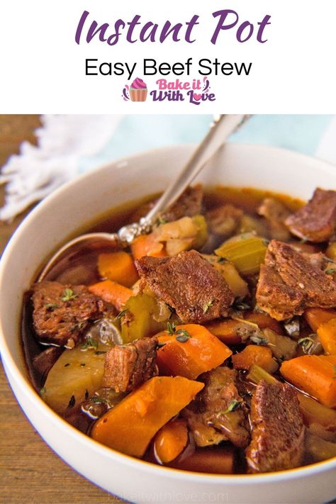 This hearty Instant Pot beef stew is a savory combination of tender beef chunks, carrots, potatoes, and celery that everyone loves! Use your handy pressure cooker to have this typically slow-simmered dinner on the table in no time! BakeItWithLove.com #bakeitwithlove #beefstew #instantpot #best #beefy #hearty Beef Vegetable Stew, Pressure Cooker Beef Stew, Pot Beef Stew, Potted Beef, Yorkshire Pudding, Beef Stew Recipe, Favorite Comfort Food, Beef Stew, Family Favorite Meals