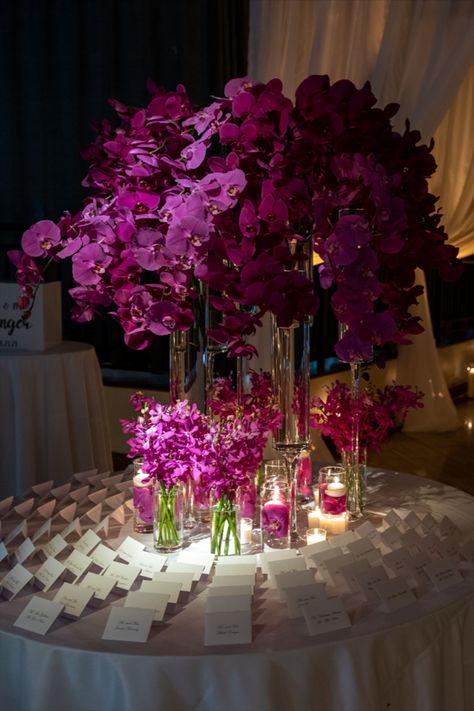 Lavish purple orchids and floating candlelights escort card table display. / tall centerpiece, simple escort card table, Wedding table decor, wedding inspo, wedding inspiration, wedding decorating ideas, dream wedding reception, wedding planning ideas, wedding tips, bride to be, glamourous wedding, ballroom wedding, wedding decor, champagne escort card table, wedding welcome table, wedding decor inspo, wedding decorating ideas, wedding centerpiece ideas, weddings centerpieces elegant #wedding Welcome Table Wedding, Decorating Ideas Wedding, Wedding Decorating Ideas, Table Wedding Decor, Moody Purple, Wedding Welcome Table, Wedding Ballroom, Dream Wedding Reception, Elegant Wedding Centerpiece