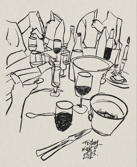 Dinner Party Drawing Illustration, Cocktail Party Illustration, Drinks Cheers Aesthetic, Family Dinner Illustration, Dinner Table Illustration, Grill Drawing, Pub Illustration, Chess Illustration, Dinner Drawing