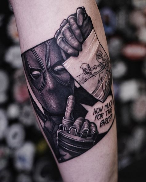 Deadpool Tattoos Deadpool Hand Tattoo, Baby Deadpool Tattoo, Deadpool Tattoo Design, Deadpool Tattoos For Men, Deadpool And Wolverine Tattoo Design, Deadpool Tattoo Ideas, Deadpool Tattoo Black And White, Funny Deadpool Tattoo, Marvel Tattoo Sleeve