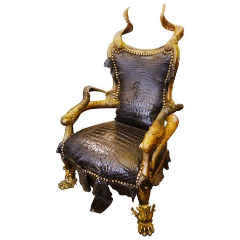 1stdibs Armchair - Croco Alligator Skin Real Horns French Bronze, Horn, Animal Skin, Beech Unusual Chairs, Hunter Room, Leather Wing Chair, Fancy Chair, Men Cave, Unusual Furniture, Fantasy Furniture, Gothic Furniture, Wood Accent Table