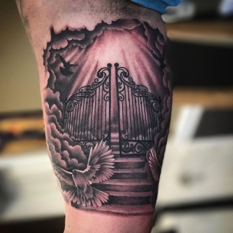 Heavens gates with doves and clouds on the inner arm. Black and grey tattoo. #tattoo #heaven Gb Tattoo, Gates Of Heaven Tattoo, Heaven Gates, Stairway To Heaven Tattoo, Religious Tattoo Sleeves, Fishing Tattoos, Heaven Tattoo, Austin Tattoo, Pig Tattoo