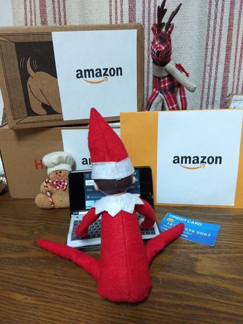 Elf on the shelf Amazon deliveries. Okio B Designs. #elfontheshelf #elfontheshelfideas Elf Amazon Packages, Elf Delivery, Elf Boy, Elf Shelf, Shelf Elf, Amazon Delivery, Amazon Box, Awesome Elf On The Shelf Ideas, Makeover Bedroom