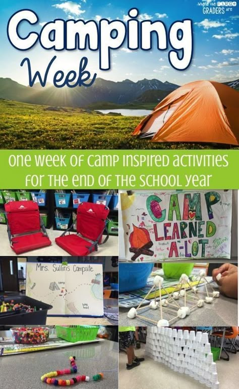 One week of camp inspired activities, freebies and more for the "end of year tired teacher"! These ideas are perfect to try in the kindergarten, first grade, or second grade classroom! #kristinsullinsteaching #endofyearideas #firstgrade #kindergarten #freebies Summer School Themes, Camping Week, Eoy Activities, Camping Preschool, Classroom Camping, Camping Theme Preschool, Summer School Activities, Summer Camp Themes, Camp Read