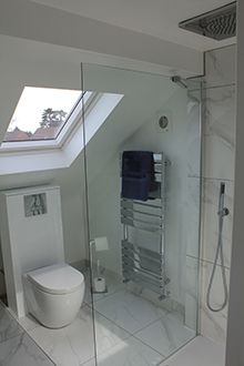 Tiny Loft Bathroom, Small Attic Shower Room Slanted Ceiling, Loft En Suite Shower Room, Loft Shower Room Ideas, Loft Ensuite Shower Room, Loft Conversion Bedroom Master Suite, Small Loft Conversion Bedroom, Loft Shower Room, Tiny Attic Bathroom