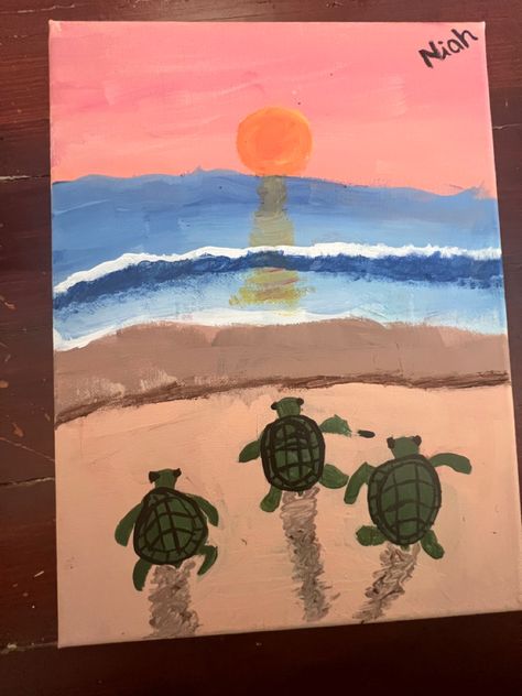 Sea Turtle Painting, Beach Drawing, Beach Ideas, Turtle Painting, Creative Painting, Pictures To Draw, Beach Sunset, Sea Turtle, Turtles