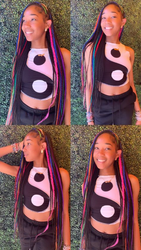 Pink And Blue Knotless Braids, Three Different Color Knotless Braids, Colorful Knotless Box Braids, Rainbow Peekaboo Braids, Peak A Boo Knotless Braids, Pick A Boo Braids, Rainbow Knotless Braids, Small Knotless Box Braids With Color, Green Peekaboo Braids