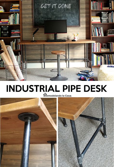 Remodelando la Casa: The Industrial Desk That Needed a New Room Green Baby Room, Pipe Desk, Diy Pipe, Industrial Desk, Industrial Bedroom, Basement Design Ideas, Industrial Pipe, Minimalist Room, Craft Room Office