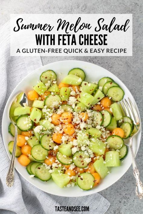 This Summer Melon Salad with Feta is the epitome of delicious summertime eating!  With fresh sweet cantaloupe and honey dew melon, English cucumbers, a little feta cheese, some hot pepper flakes and a simple honey / fresh lime juice dressing with extra virgin olive oil.  #TasteAndSee Honey Dew Melon, Cantaloupe Salad, Melon Recipes, Melon Salad, Honey Lime Dressing, Asian Cucumber Salad, Feta Cheese Salad, Salad With Feta, Honey Dew