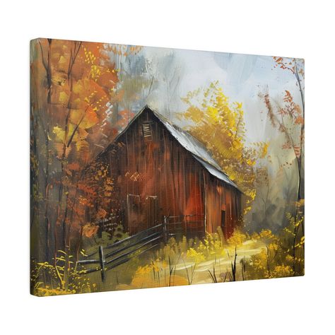 Place your custom artwork, photos, or creative projects on a canvas you'll be proud to use. Each matte canvas comes with back hanging already included for convenient placement. The frame is made with profile radial pine that is ethically sourced from renewable forests.  .: Made with highly durable cotton and polyester canvas composite (9.82 oz/yd² (333 g/m with a special proprietary coating for vibrant prints that last.  .: This canvas is an eco-friendly option as the frame is made with radiata Barn Paintings On Canvas, Old Barn Paintings, Country Painting Ideas, Farm Scene Painting, Painted Saws, Boho Canvas Art, Barn Wall Art, Fall Canvas Painting, Painting Landscapes