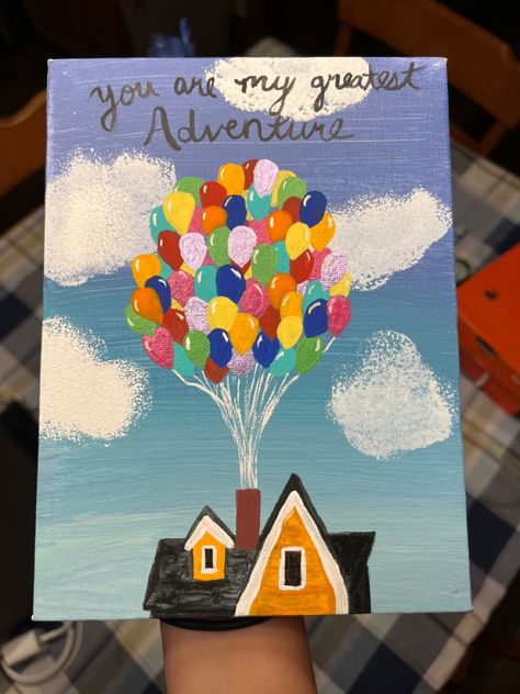 Disney Up Painting, Up Movie Painting Ideas, Up Disney Painting, Cute Disney Paintings On Canvas, Adventure Is Out There Painting, Up House Painting Disney Easy, Up Acrylic Painting Disney, Snoopy Paintings On Canvas Easy, Could Painting