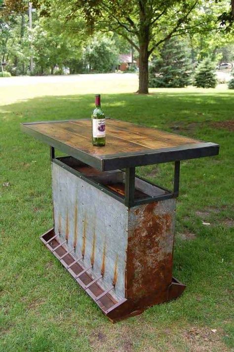 Metalworking Projects, Chicken Feeder Diy, Rustic Tables, Farm Implements, Bar Exterior, Chicken Feeders, Chicken Feeder, Backyard Bar, Vintage Industrial Furniture