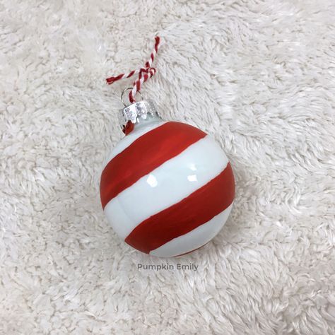 Diy Red And White Ornaments, Diy Red And White Christmas Ornaments, Candy Cane Decorations Diy, Diy Candy Cane, Peppermint Ornament, Christmas Ornament Ideas, Clear Plastic Ornaments, Yarns Ornaments, Candy Cane Decorations