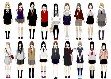 Various school uniforms including seifuku Japan School Uniform, Japanese Uniform, Anime Uniform, High School Uniform, School Uniform Outfits, Art Outfits, Japanese School, Uniform Design, Poses References