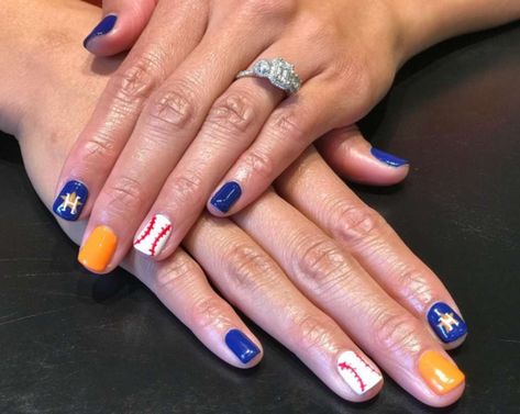 Astros Nail Designs, Astros Nails, Houston Astros Nails, Baseball Nail Designs, Baseball Nails, Navy Nails, Nails 2018, April Nails, Classy Nail Designs