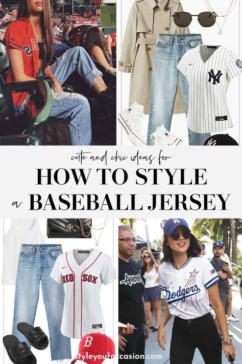 Baseball Jersey And Jeans Outfit Women, Cute Ways To Wear A Baseball Jersey, Outfits With Baseball Jerseys Women, Softball Outfits Women, Game Day Outfit Baseball, Fall Baseball Game Outfit Women, Giants Game Outfit Women, Style Baseball Jersey Women, How To Style A Baseball Jersey Women